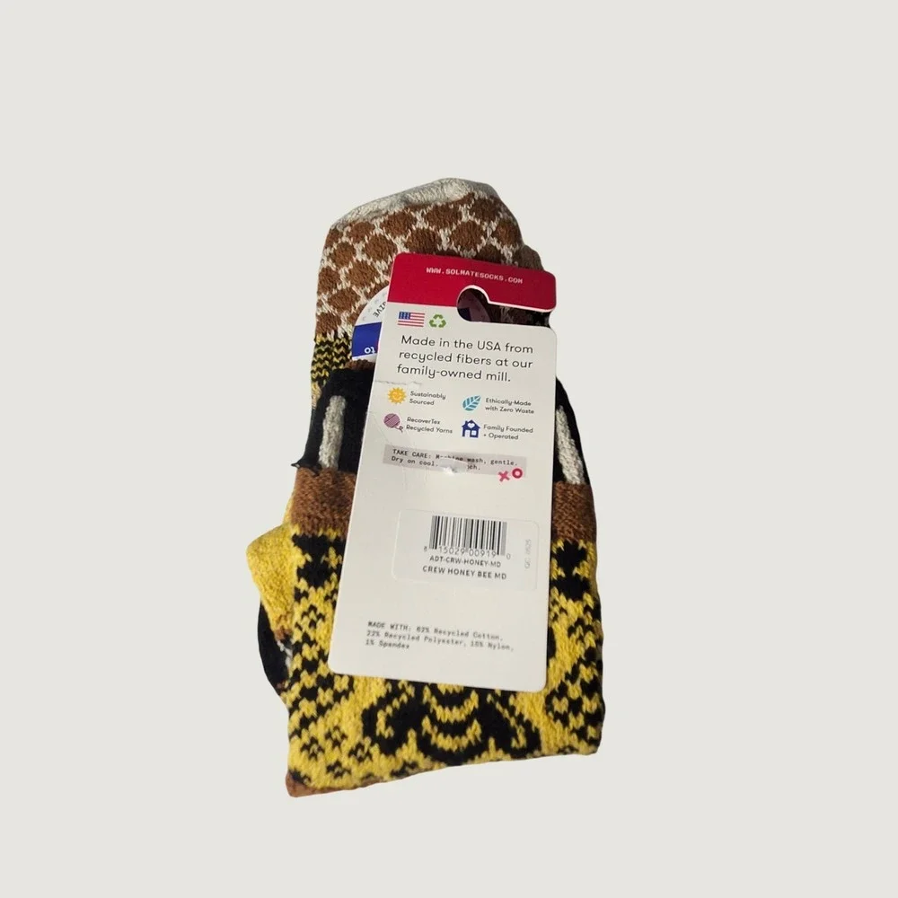 Solmate Crew Socks Medium Yellow Honey Bee Recycled Cotton
